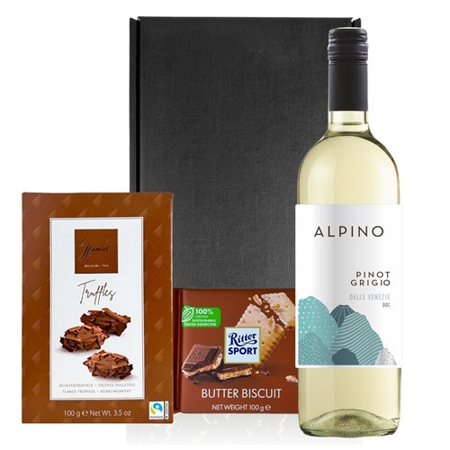 Alpino Pinot Grigio 75cl White Wine and Chocolates Gift Box | Luxury Gift Set with Truffles & Ritter